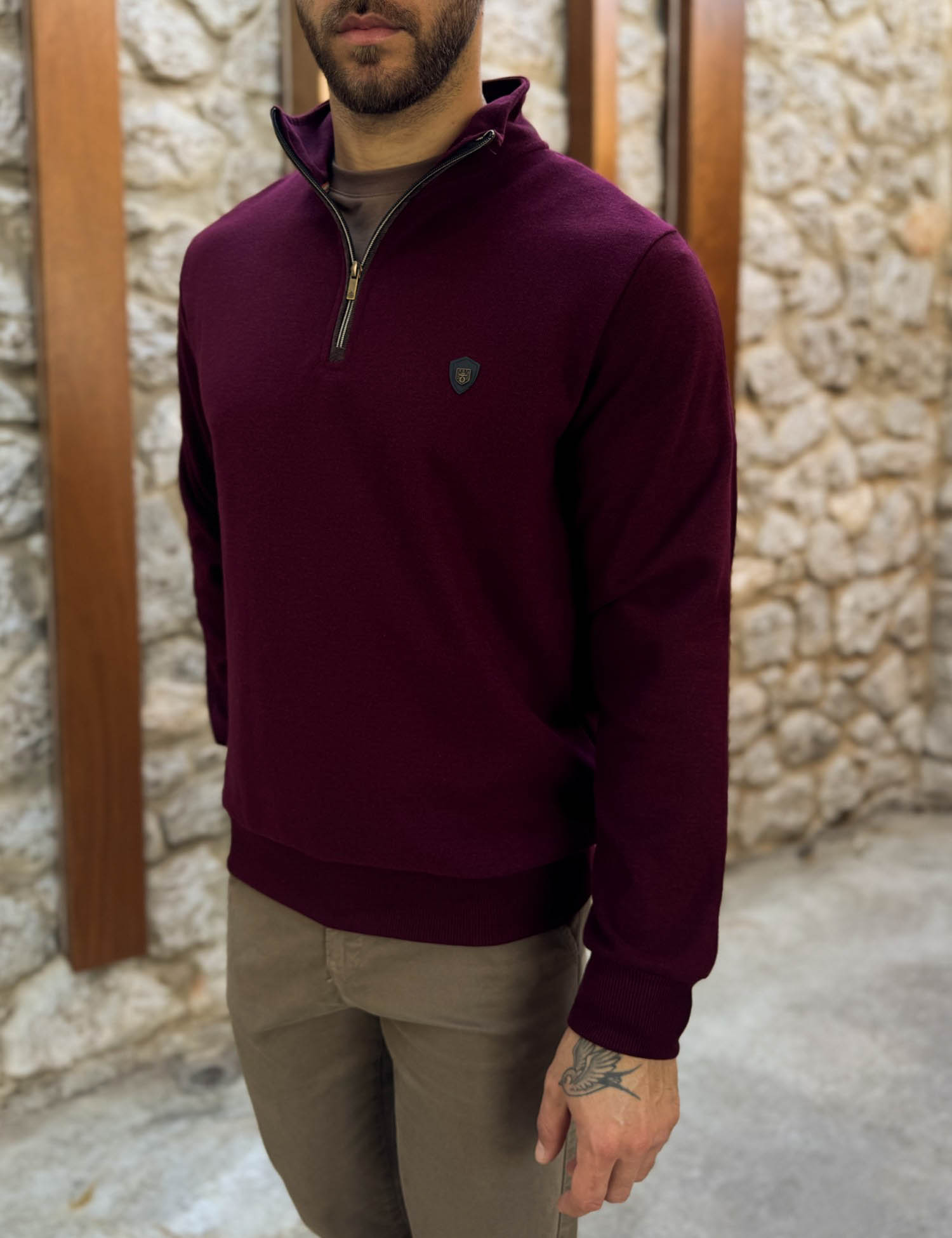 Everbest Ανδρική μπορντό ριπ με βελούδινη υφή μπλούζα με γιακά και φερμουάρ 261039B